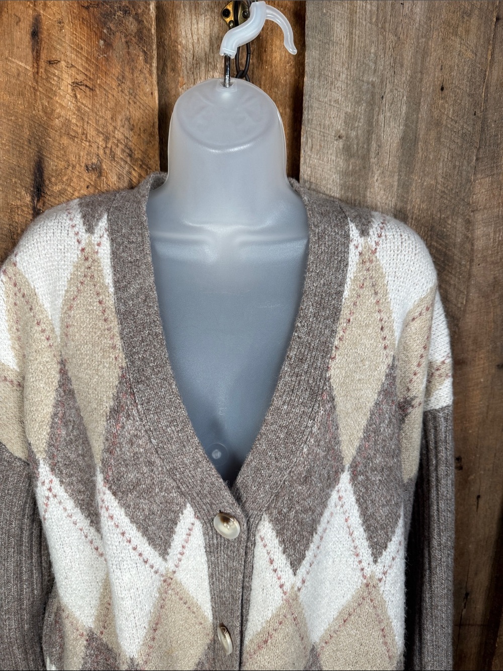 Rachel Zoe Taupe, Cream & Beige Argyle Button-Front Cardigan - Picture 2 of 9
